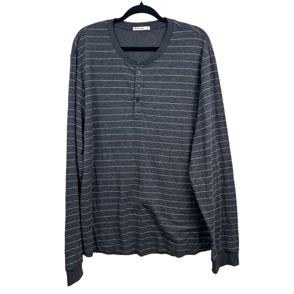 Marine Layer Henley Shirt Striped 3 Button Long Sleeve Gray White Men Size XL*
